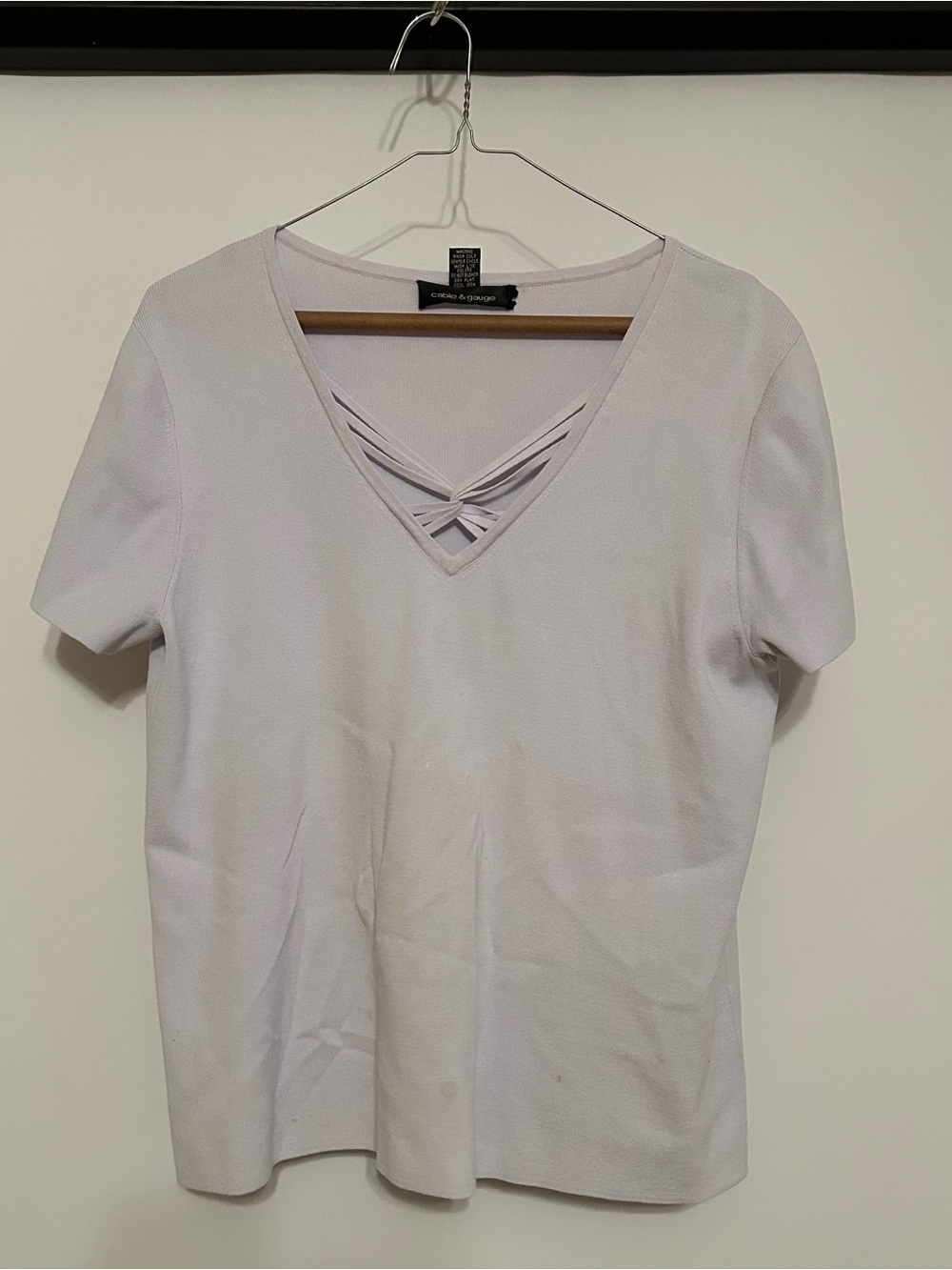 Cable & Gauge Light Lavender Short Sleeve V-Neck Top with Crisscross Detail